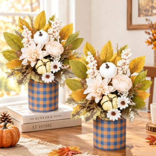 White Fall Centerpieces for Tables - 2PCS Artificial Autumn Decor 11.4in