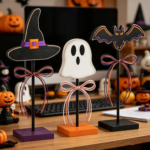Halloween Ghost Bat Witch Hat Table Decorations - 3pcs Farmhouse Rustic Halloween Decor - Variation: Witch Hat