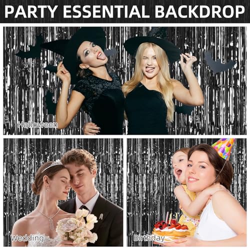 Black Foil Fringe Backdrop Curtains 12 Pack 3.28 x 9.84 ft for Party Decorations