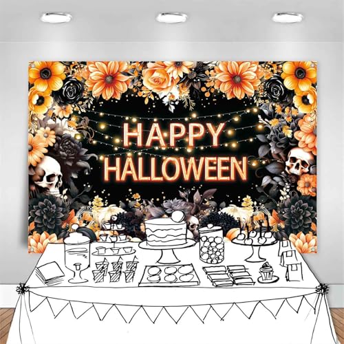 Halloween Photo Backdrop 8x6ft Black Orange Floral Skull Banner - Spooky Party Decor, Indoor Outdoor Photography Prop Variation: Black Orange, Halloween / 8x6ft