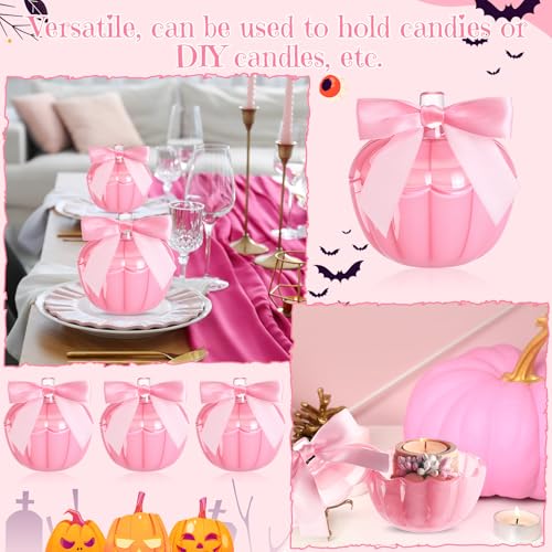 4-Piece Pink Glass Pumpkin Candy Jars Set for Halloween Decorative Storage - Pinkoween