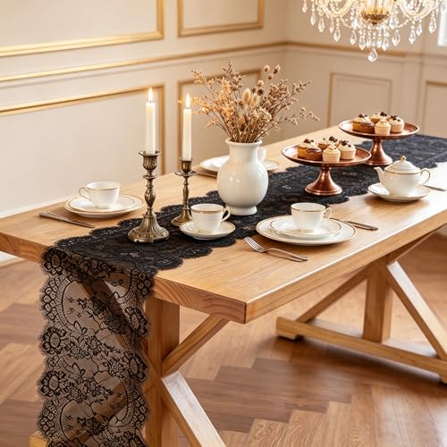 Black Lace Table Runner 14 x 120 Inch Floral Embroidered Fabric Decoration - Variation 10