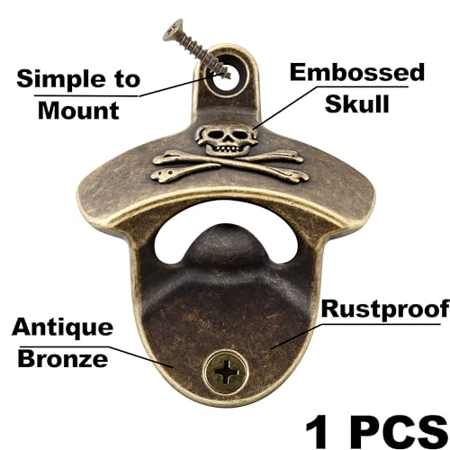 Vintage Skull Wall Mounted Soda Bottle Opener - Antique Bronze - Pirate Design