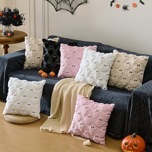 Halloween Decor Pillow Covers 18x18 Inch Set of 2 Black Ghost Plush Faux Fur