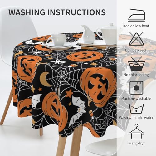 Halloween Tablecloth 60 Inch Round Black Pumpkins Web Design Stain-Resistant Polyester