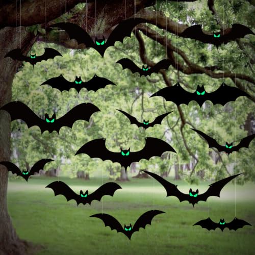 15 PCS Halloween Hanging Bat Decorations Outdoor with Glowing Eyes - Spooky Yard Decor