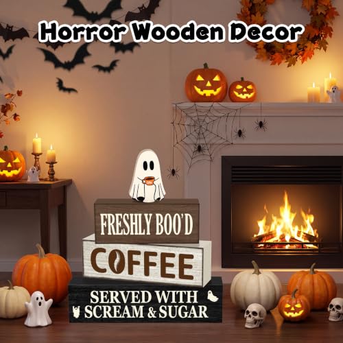 Halloween Ghost Coffee Farmhouse Decor Set - Oat Variation, Wooden Tabletop Decorations