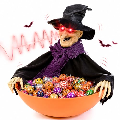 Animated Halloween Witch Candy Bowl with Moving Arms & Glowing Eyes