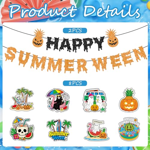 Summer Ween Party Decorations - 10PCS Glitter Banners & Hanging Swirls, Halloween in Hawaii Theme