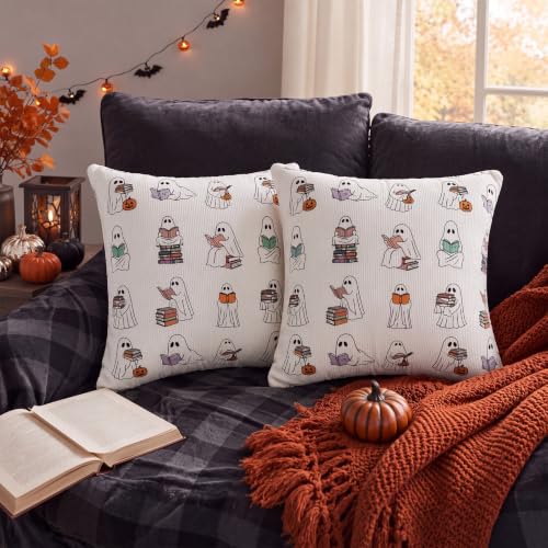 Halloween Ghost Reading Pillow Covers - 2 Pack, 18x18 Inch Bookish Decorative Pillowcases