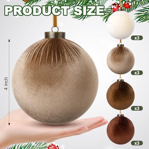 Velvet Christmas Ornaments Balls - 4 Inch Brown Shatterproof Holiday Decor - Set of 12