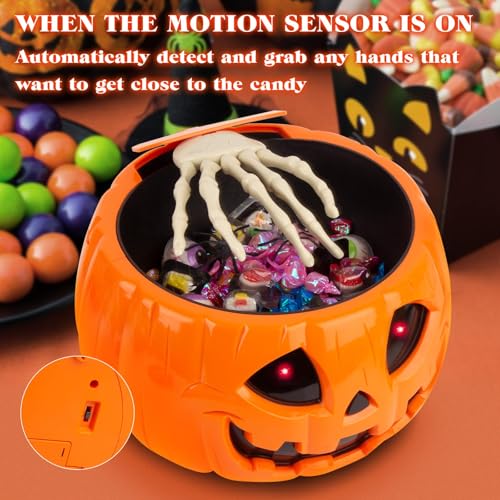 Animatronic Halloween Candy Bowl with Skeleton Hands and Glowing Eyes - Motion Activated Pumpkin Decor