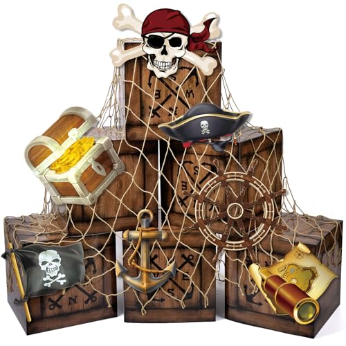 Pirate Party Decorations Set with Treasure Boxes, Adventure Cardboards & Fishing Net
