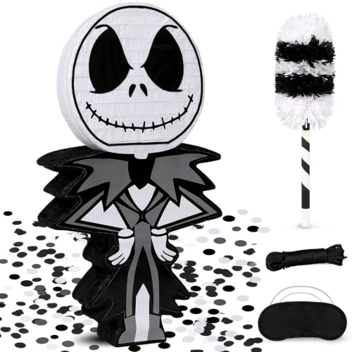 Halloween Skeleton Piñata Set - Spooky Black & White Character with Hitting Stick & Confetti - Goth Party Game Kit