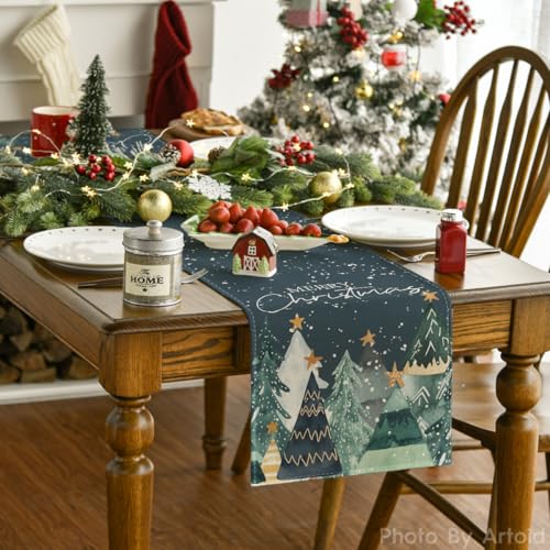 Snow Trees Christmas Table Runner 13x120 Inches - Blue Holiday Decor for Kitchen & Dining
