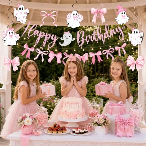 Pink Halloween Party Decorations Set with Banner and Ghost Hanging Swirls