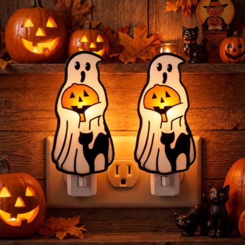 2 Pack Ghost and Pumpkin Night Lights - 5 Inch Halloween Decor with Replaceable Bulbs
