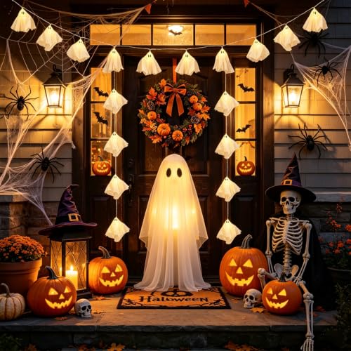 White 6.5FT Fabric Ghost String Lights for Halloween Party - Warm Glow