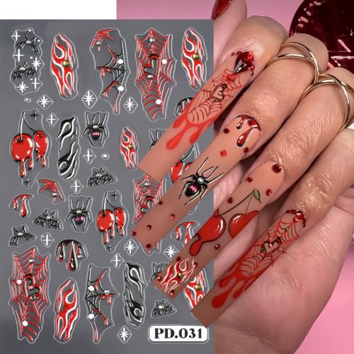 Halloween Nail Stickers 4 Pack 5D Self-Adhesive Spider Web Decals with Rhinestones Style11