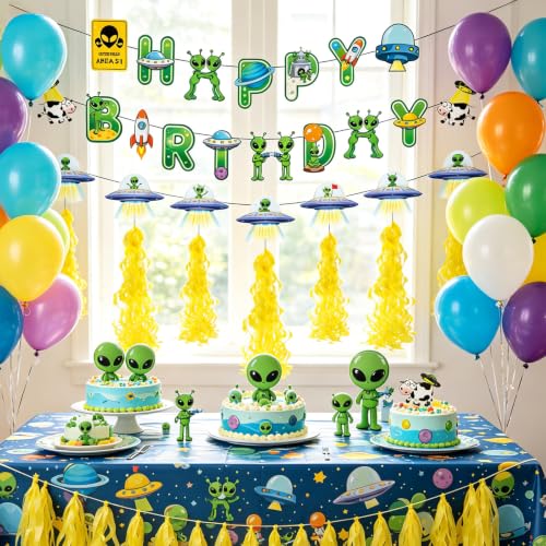 Alien Birthday Party Banner with Hanging Swirls - Space Themed Decorations