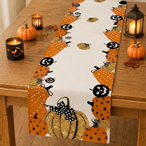 Halloween Jack-O-Lantern Pumpkin Table Runner - Holiday Kitchen Decor 13x72 Inch