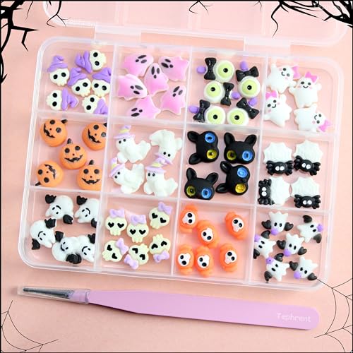 Halloween Nail Charms Set with Ghost Pumpkin Skull Bats 72Pcs Pink Ghost - Variation 01