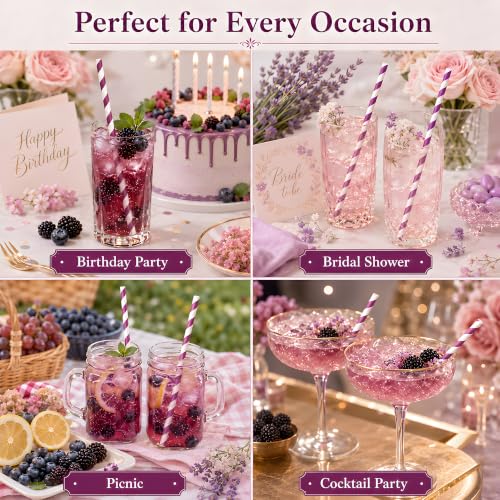 Purple Paper Drinking Straws for Parties and Events - 100 Pack