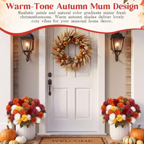 Artificial Fall Flower Bouquet Set - Multicolor Pompom Chrysanthemums, 24 Bunches with Bendable Stems