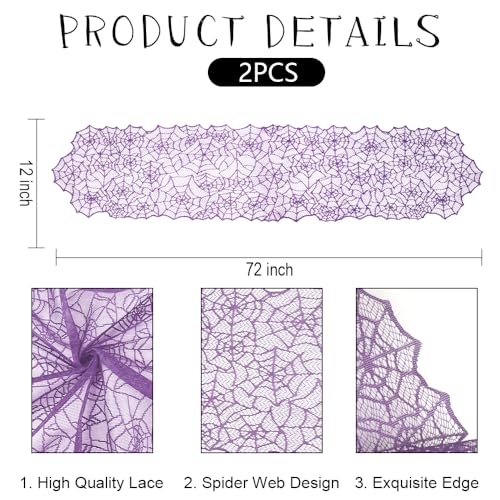 Purple Lace Spiderweb Halloween Table Runner 2 Pcs 12x72 Inches - Elegant Party Decor
