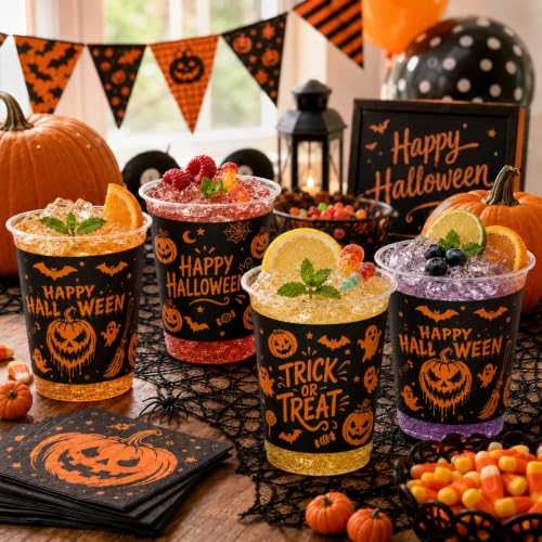Halloween Plastic Cups Set 14 oz - Orange & Black 72 Pack for Parties