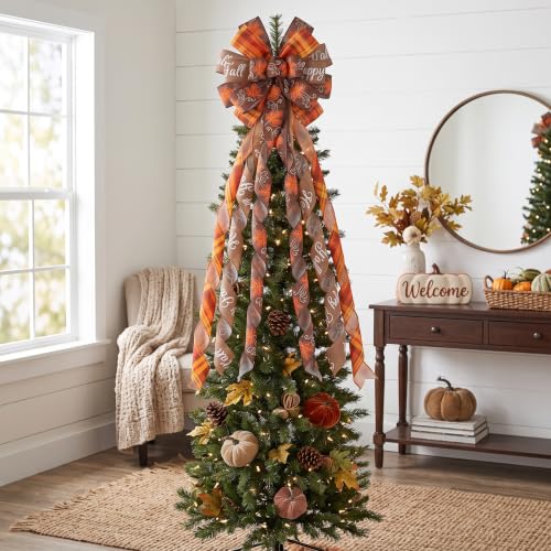 Large Fall Tree Topper Bow 52x13 Inches Pre-Tied Thanksgiving Ribbon for Wreath