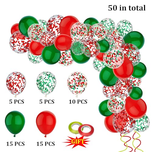 Christmas Colors Confetti Balloons Set - 50pcs 12 Inch Red Green Party Decorations