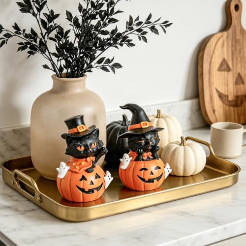 Halloween Black Cat Pumpkin Decor Set of 2 - Spooky Fall Home Party Decorations - Black & Orange