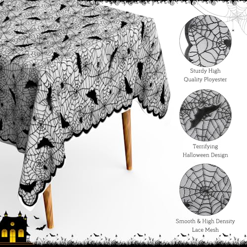 Halloween Black Lace Tablecloth 70x52 Inch Rectangular Spiderweb Bat Decor