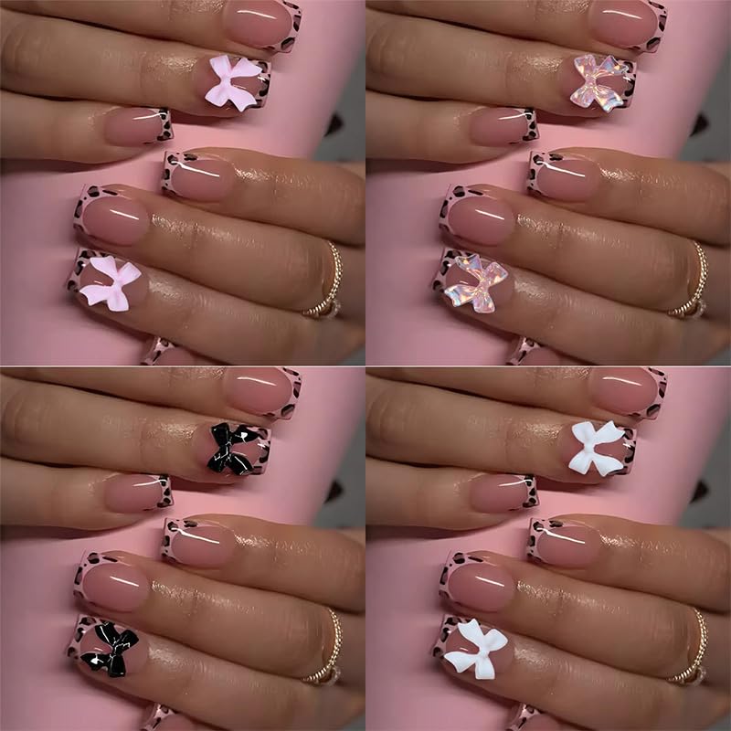 Medium Style Short Square Leopard Fake Nails Set with Bow Charms - Pink
