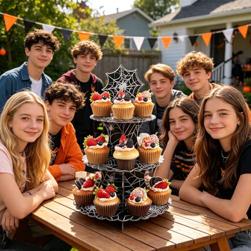 Halloween Spider Web Cupcake Stand - 3-Tier Gothic Dessert Tower with Spider Web Pattern, Black, Kids & Adults Party Decor - Variation: Spider Web
