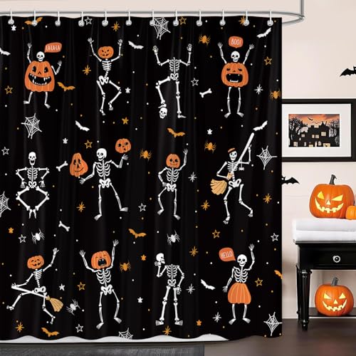 Funny Gothic Halloween Shower Curtain - Skeleton, Pumpkins, Black & White, Waterproof, 72x72 Inches with 12 Hooks - Kids Bathroom Decor