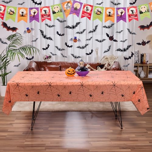Halloween Spiders Disposable Tablecloths 54x108 Inch Set with Banner - Halloween-Spiders