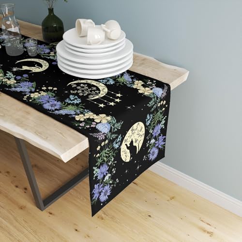 Black Cat Moon Phase Table Runner - Blue Moonphase, 13x36 Inch, Rustic Linen Decor