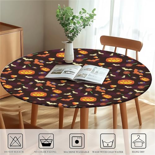 Round Waterproof Fitted Tablecloth with Elastic Edge - Halloween Treats 60 Inch