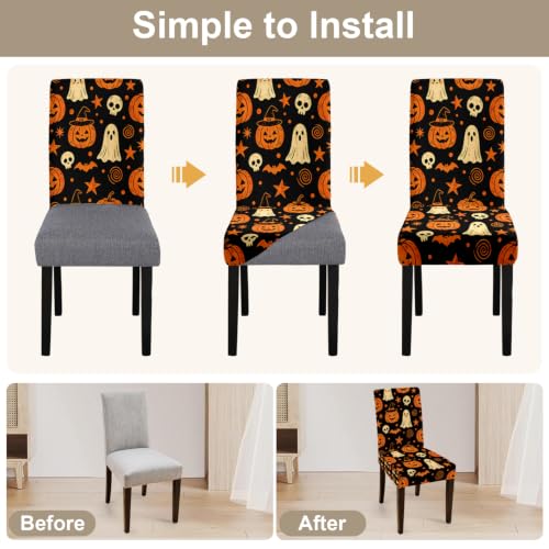 Pumpkin Ghost Skeleton Halloween Chair Covers Set of 4 Stretchable Dining Slipcovers