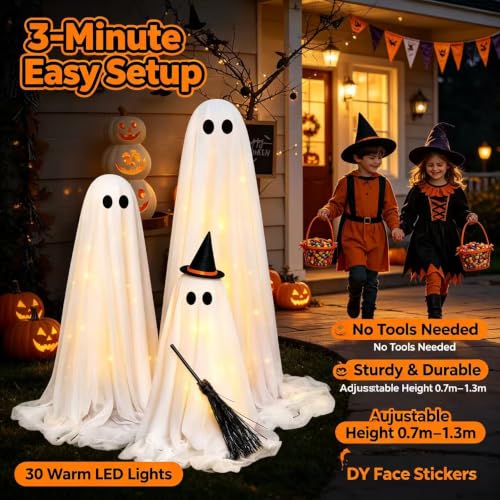 Halloween Ghost Decorations Lighted Indoor Outdoor Set - Adjustable Height Spooky Decor