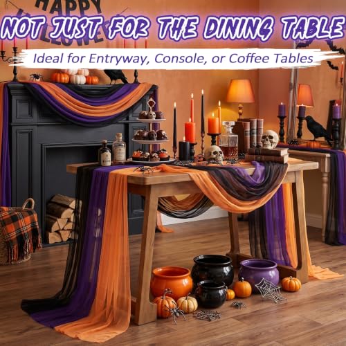Halloween Table Runner Set - 6 Piece 10ft Chiffon Decorations in Black, Purple, Orange