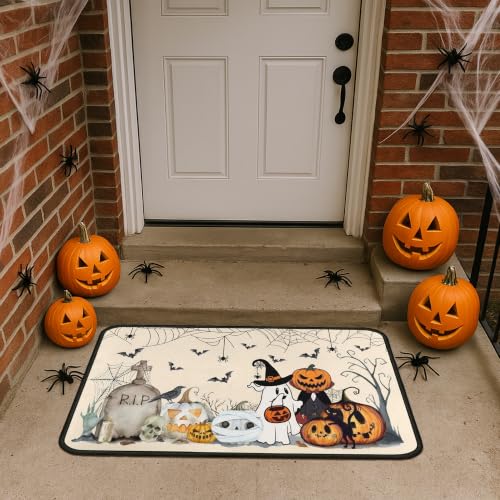 Beige 2-Piece Halloween Kitchen Rugs Set - Bat & Pumpkin Non-Slip Washable Floor Mats