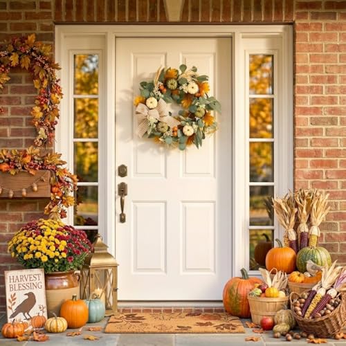 Fall Wreath with LED Lights - White & Green Pumpkins, Rustic Decor - 24 Inch