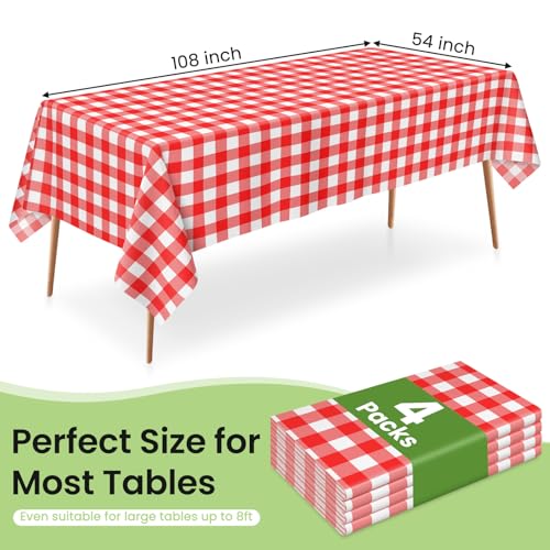 LANLISA Disposable Red Gingham Tablecloths 4 Pack - 54x108 Inches for 6ft Tables & Outdoor Use