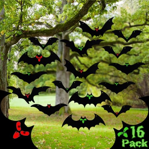 Halloween Hanging Bat Decorations Outdoor - 16 Pack Glowing Eyes Black Variation