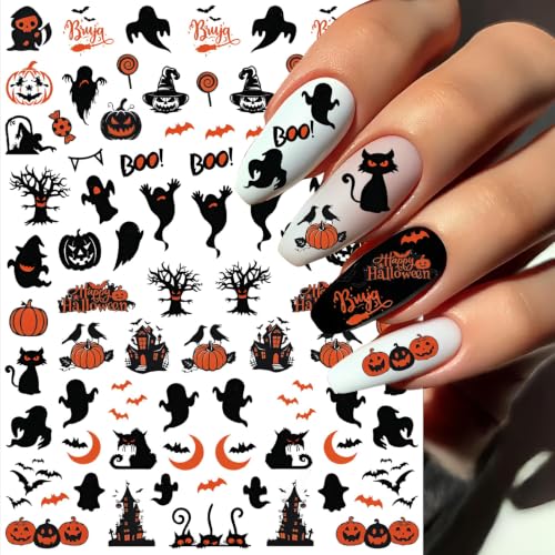 Halloween Nail Stickers Set - 4 Sheets Cute Ghost Pumpkin Bat Decals with Variation Halloween 4 Sheets