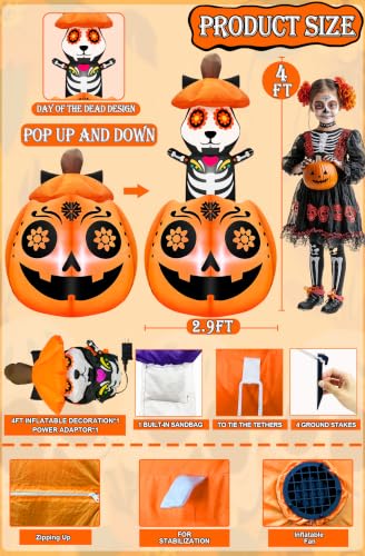 5 Ft Inflatable Halloween Skeleton Cat on Pumpkin with LED Lights - Day of The Dead Decor