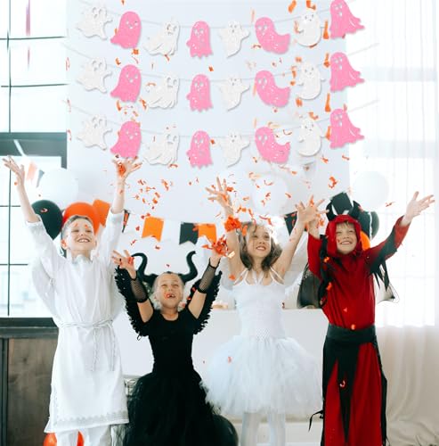 3 Pack Glitter Halloween Ghost Banner - Pink & White Hanging Decorations for Haunted House & Party
